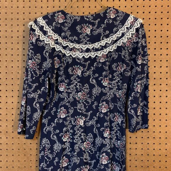 Vintage Dress 80s Victoria Ashley Lace Collar Button Front Floral Drop Waist - Picture 7 of 11